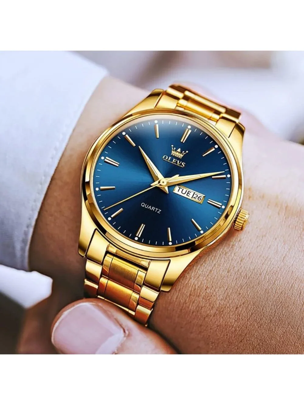 Olevs Men's Gold Luxury Stainless Steel Blue Face Analog Quartz Luminous Watch